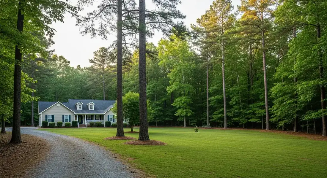Rural Ball Ground GA property with tidy lawn maintenance and landscape beds along a long driveway