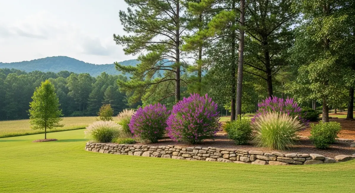 Mountain-area residential landscaping with native plantings on a Dawsonville, GA property