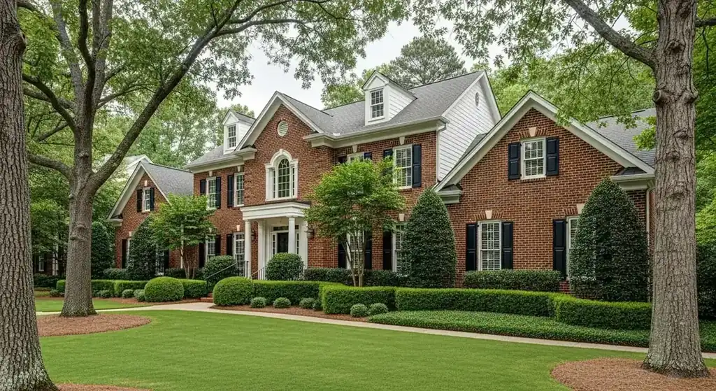 Estate-style front lawn and formal landscaping in Johns Creek, GA