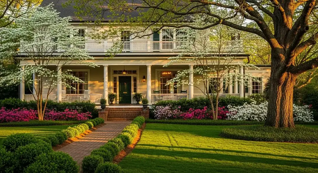 Historic Roswell, GA home with traditional southern landscape design and seasonal color