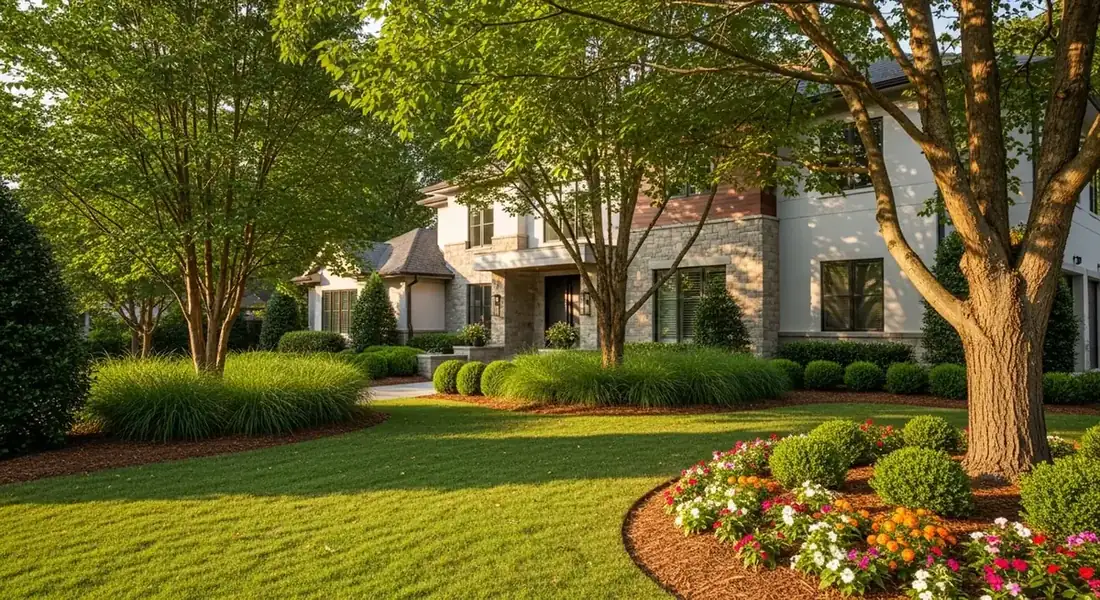 Modern Sandy Springs, GA front yard with clean lines, mulched beds, and healthy zoysia turf