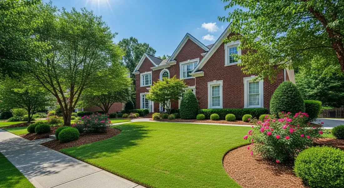 Family neighborhood landscaping in Suwanee, GA with fresh sod and trimmed shrub beds