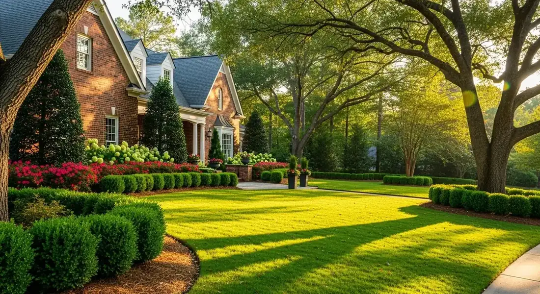 Manicured front lawn and landscape beds in the Windward neighborhood of Alpharetta, GA