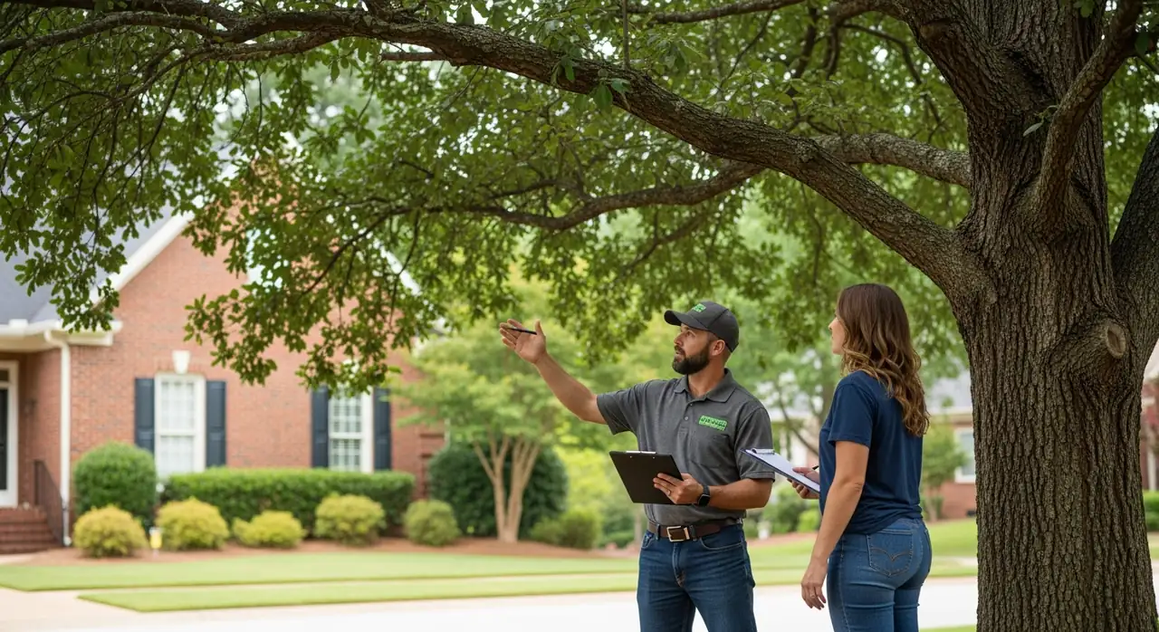 Certified arborist consulting with a homeowner under a mature shade tree in Alpharetta, GA