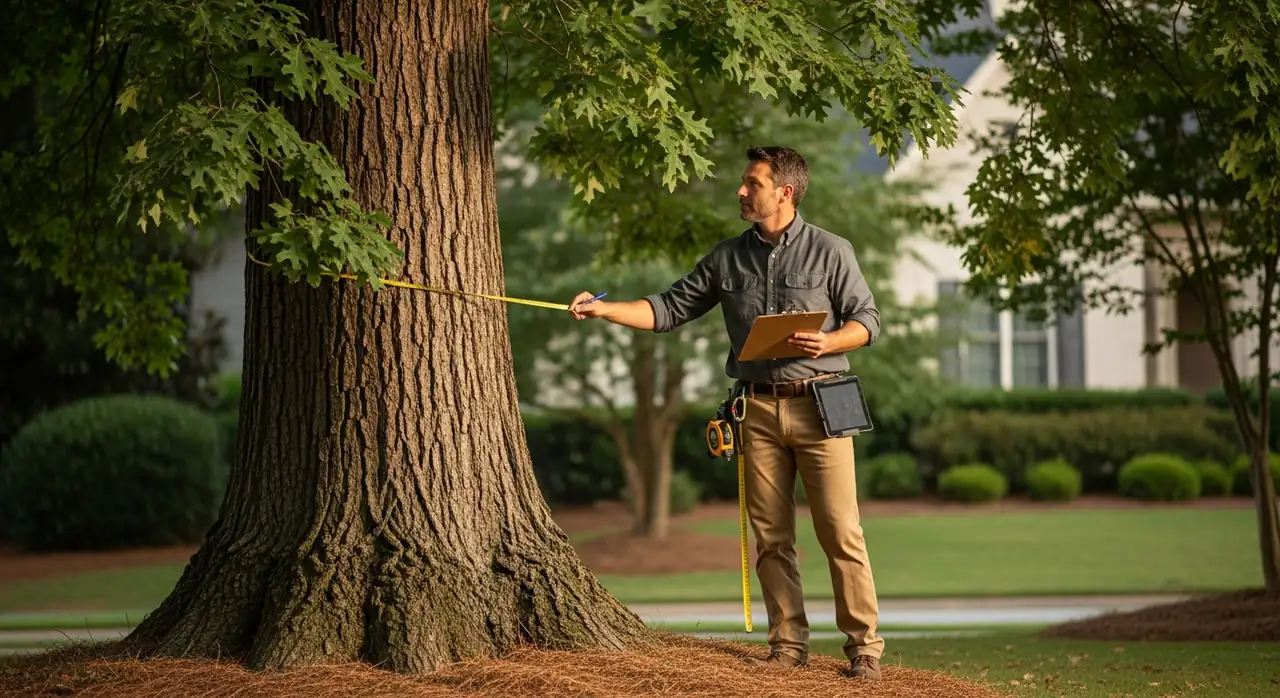 Certified arborist inspecting a mature southern oak in an Alpharetta, GA front yard