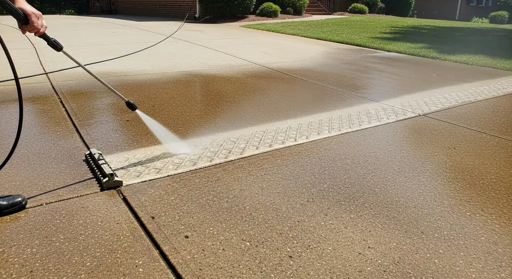 Pressure washing a stained concrete driveway with a surface cleaner attachment in Alpharetta, GA