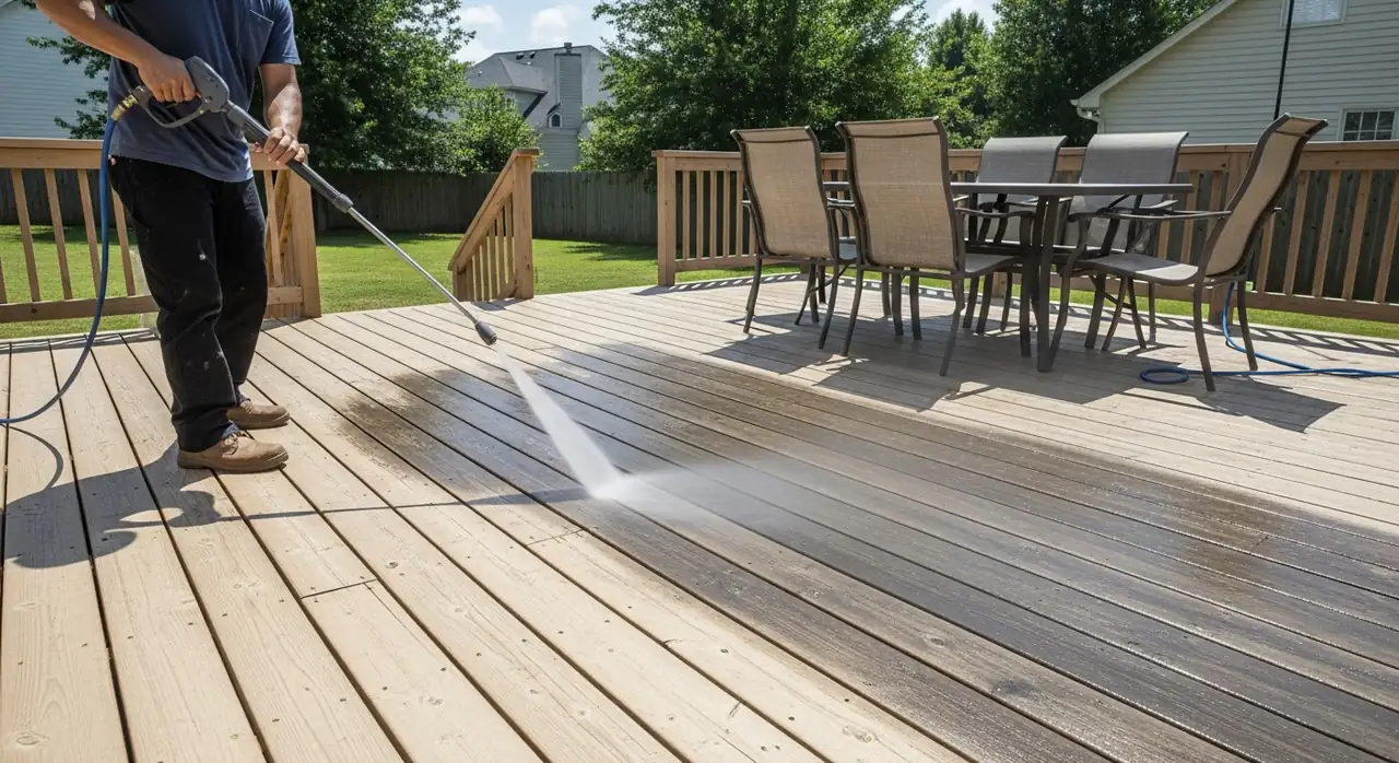 Pressure washing a wooden backyard deck with a low-pressure wand in Alpharetta, GA