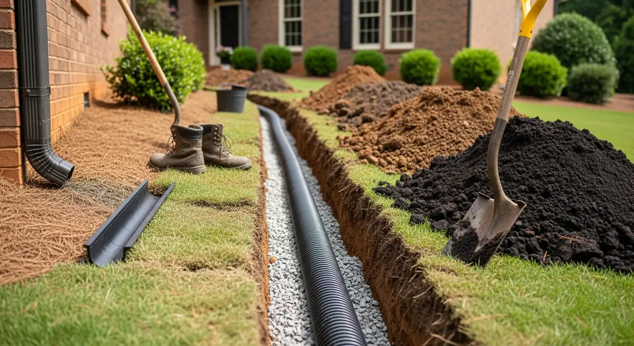 Yard drainage installation with corrugated drain pipe being laid in a trench in Alpharetta, GA