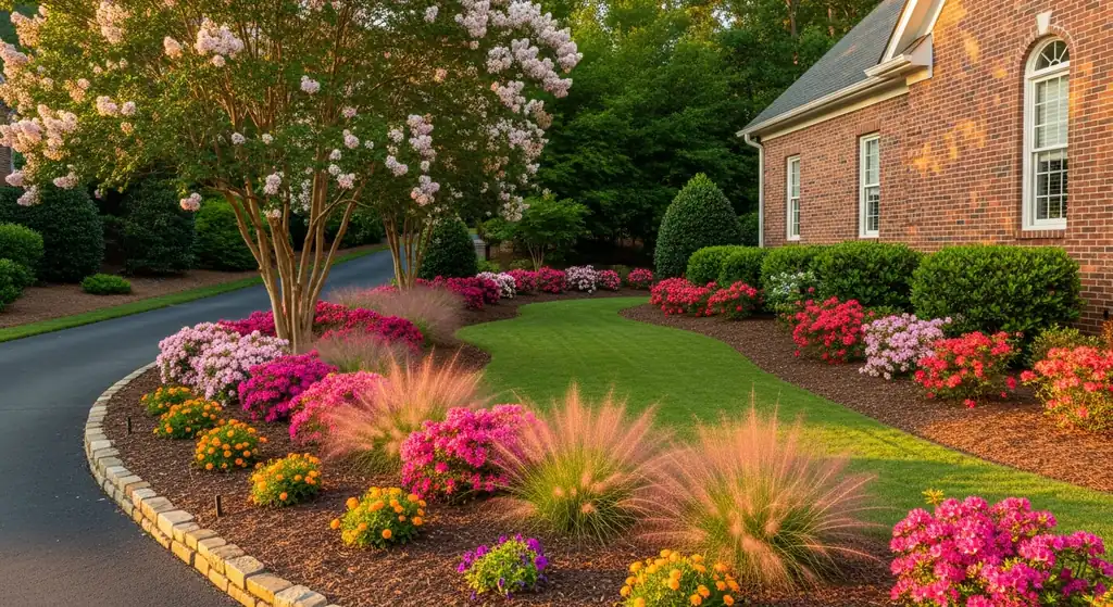 Beautifully landscaped driveway entrance with mulched beds and seasonal color at a brick home in Alpharetta, GA