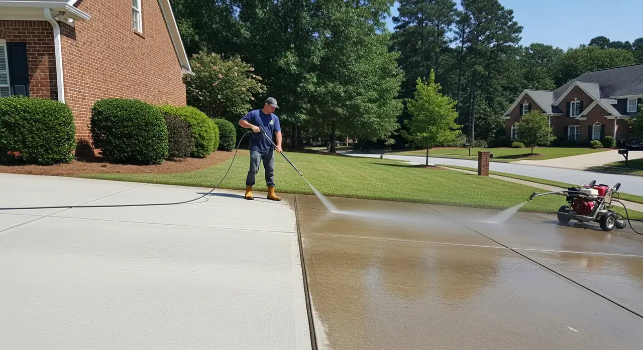 Pressure washing a long concrete driveway with a 20-inch surface cleaner in Alpharetta, GA