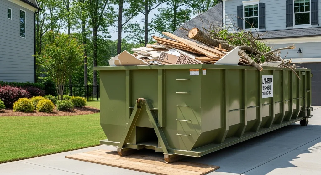 Roll-off dumpster placed on a residential driveway for a cleanout project in Alpharetta, GA