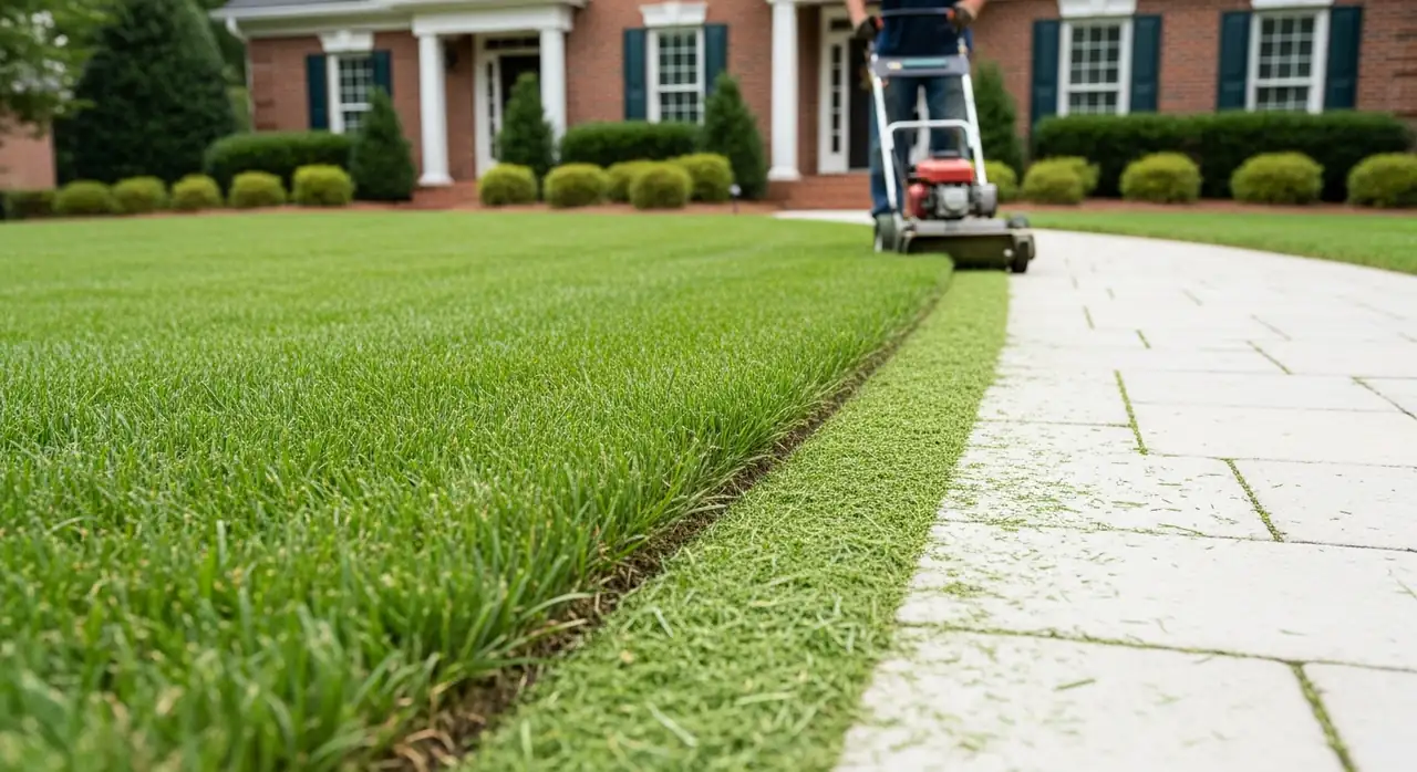 Worker creating a crisp clean edge between a bermuda lawn and a paver walkway with a stick edger in Alpharetta, GA