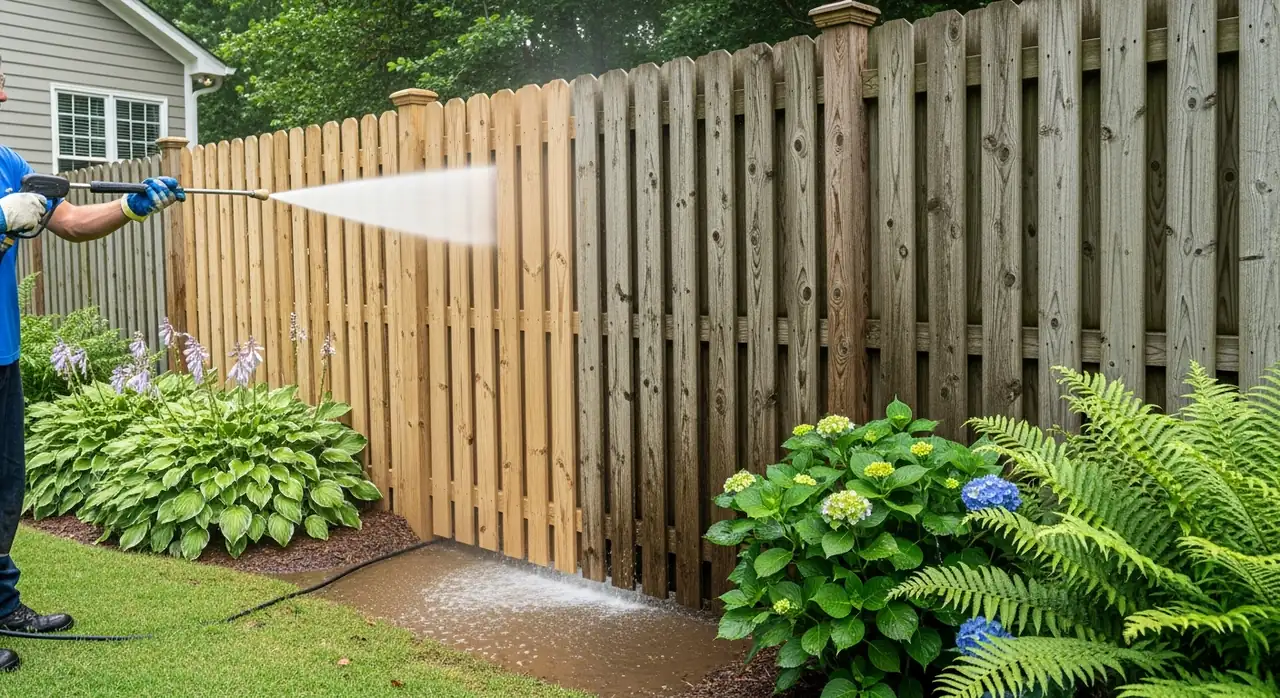 Pressure washing a wooden privacy fence revealing clean tan wood in Alpharetta, GA