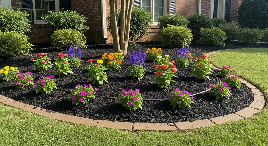 Newly installed flower bed with seasonal annuals and fresh mulch at a brick home in Alpharetta, GA