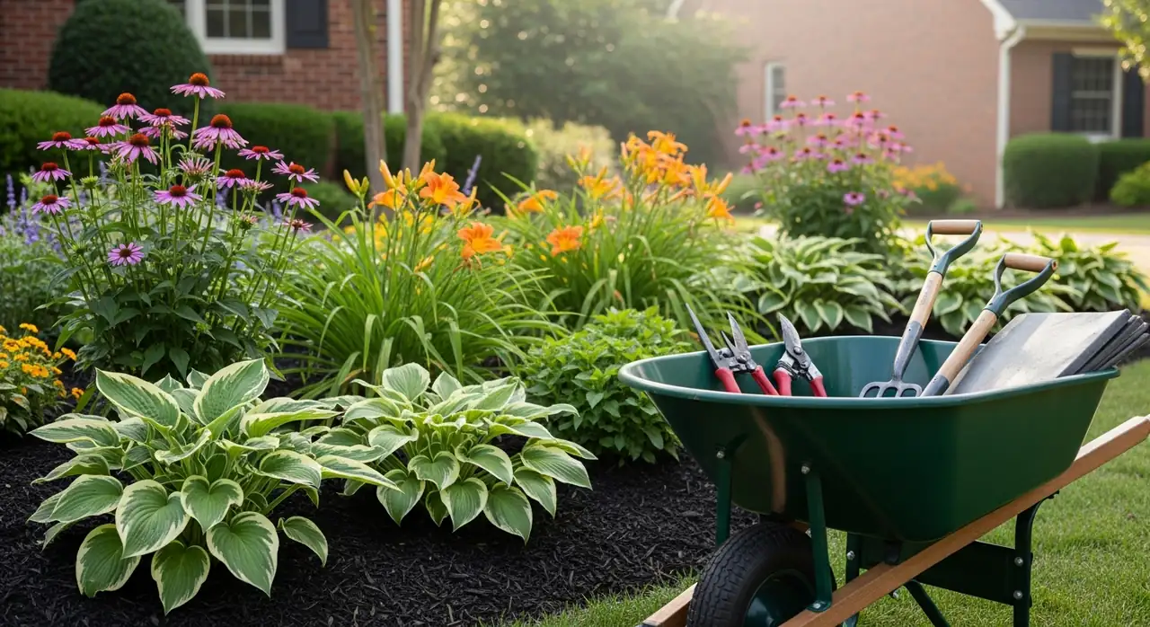 Tended perennial flower beds with weeded mulched soil and gardening tools in Alpharetta, GA