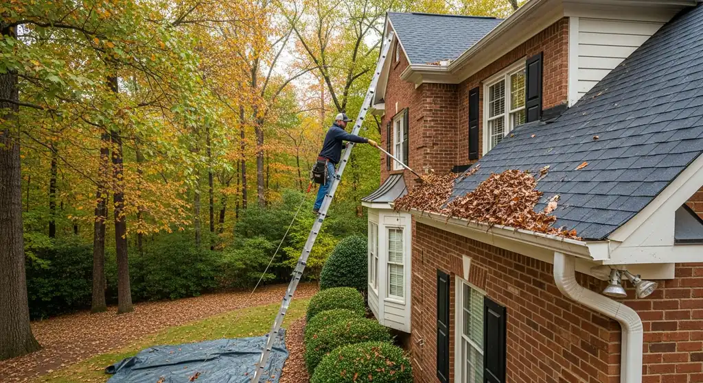 Worker on a tall ladder cleaning leaf debris from gutters on a brick home in Alpharetta, GA