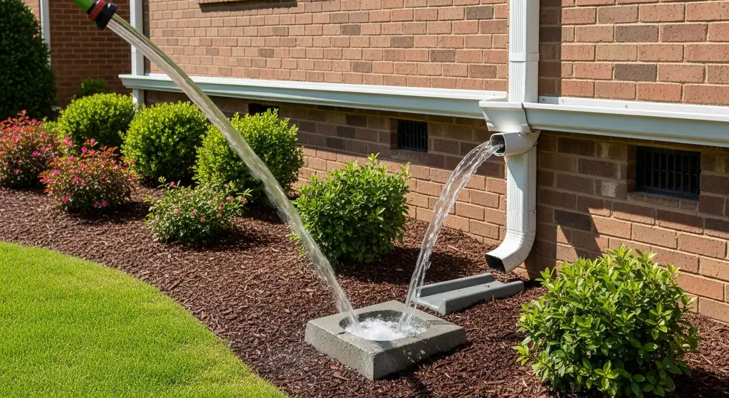 Garden hose flushing clean water through a downspout on a brick home in Alpharetta, GA