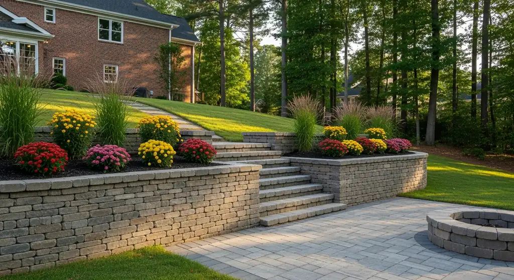 Stacked stone retaining wall with built-in steps in an Alpharetta, GA backyard