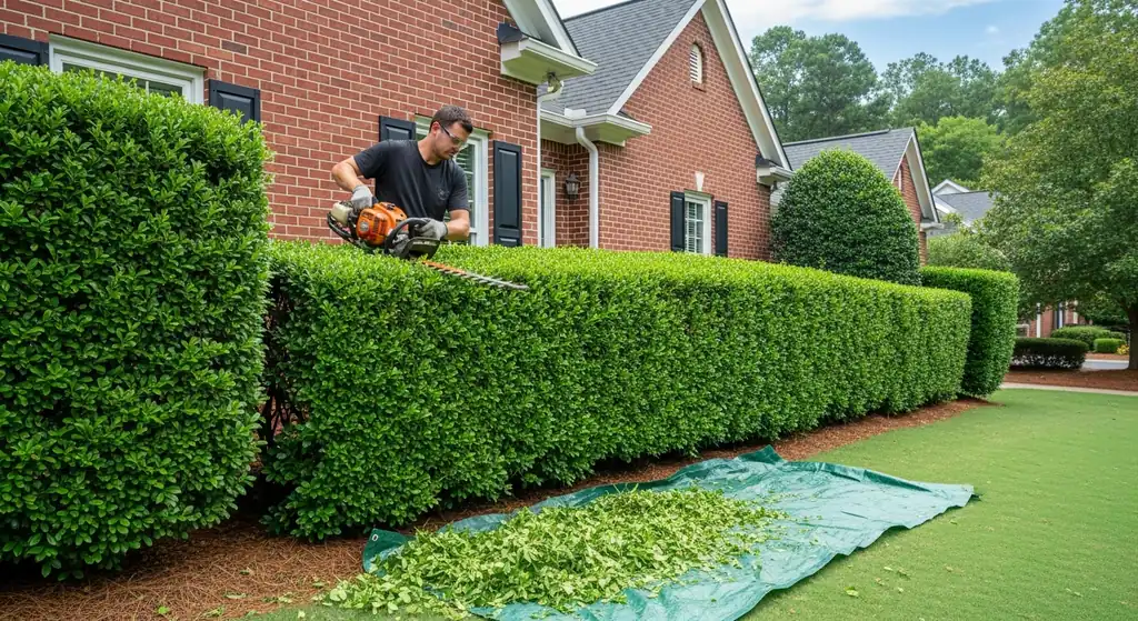 Worker shaping a long boxwood hedge with gas-powered hedge trimmers at an Alpharetta, GA home