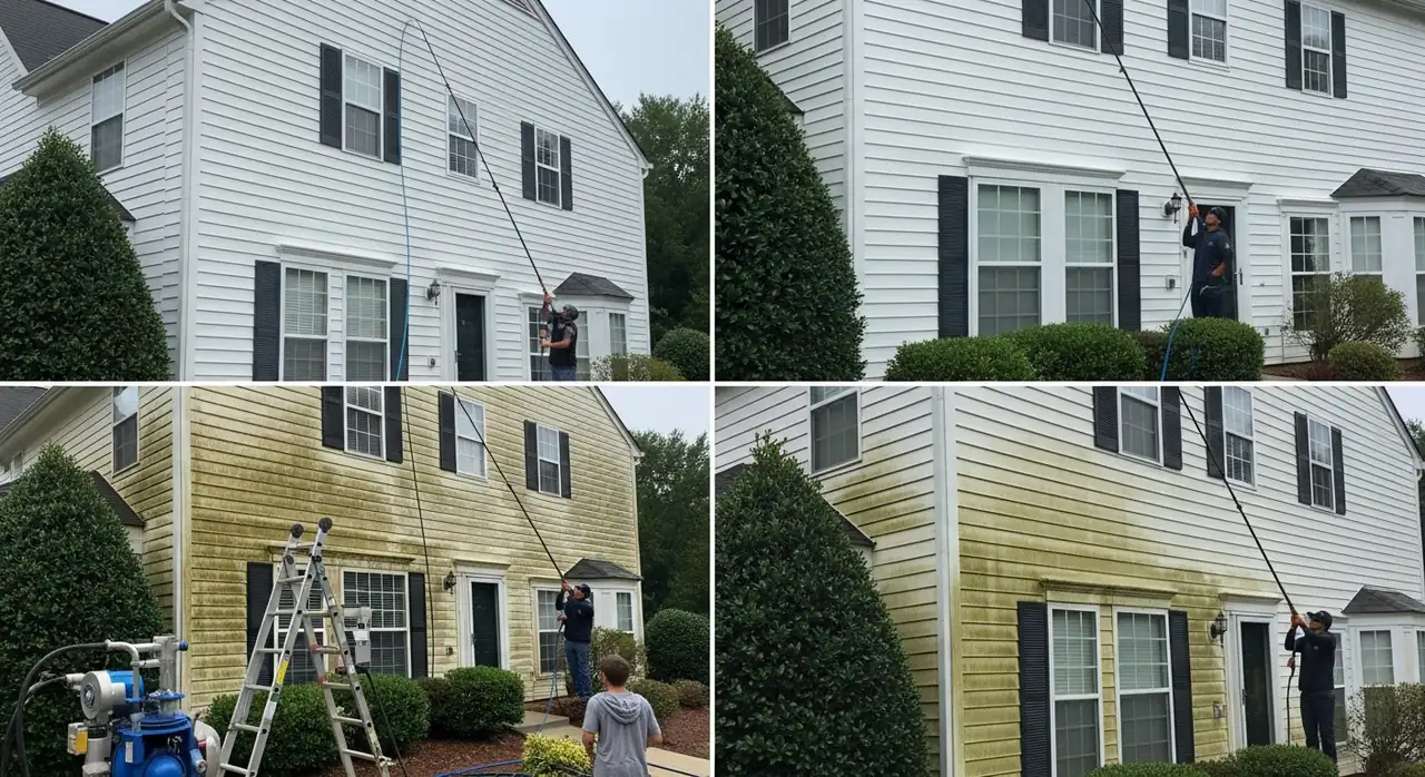 Soft-wash exterior cleaning of a two-story home with vinyl siding in Alpharetta, GA