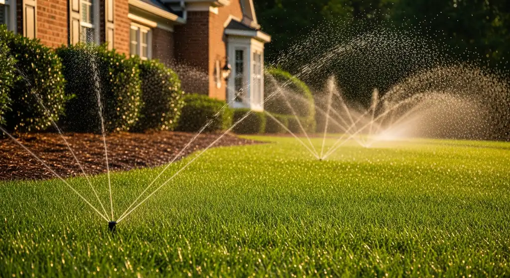 Pop-up sprinkler heads watering a healthy green bermuda lawn in Alpharetta, GA