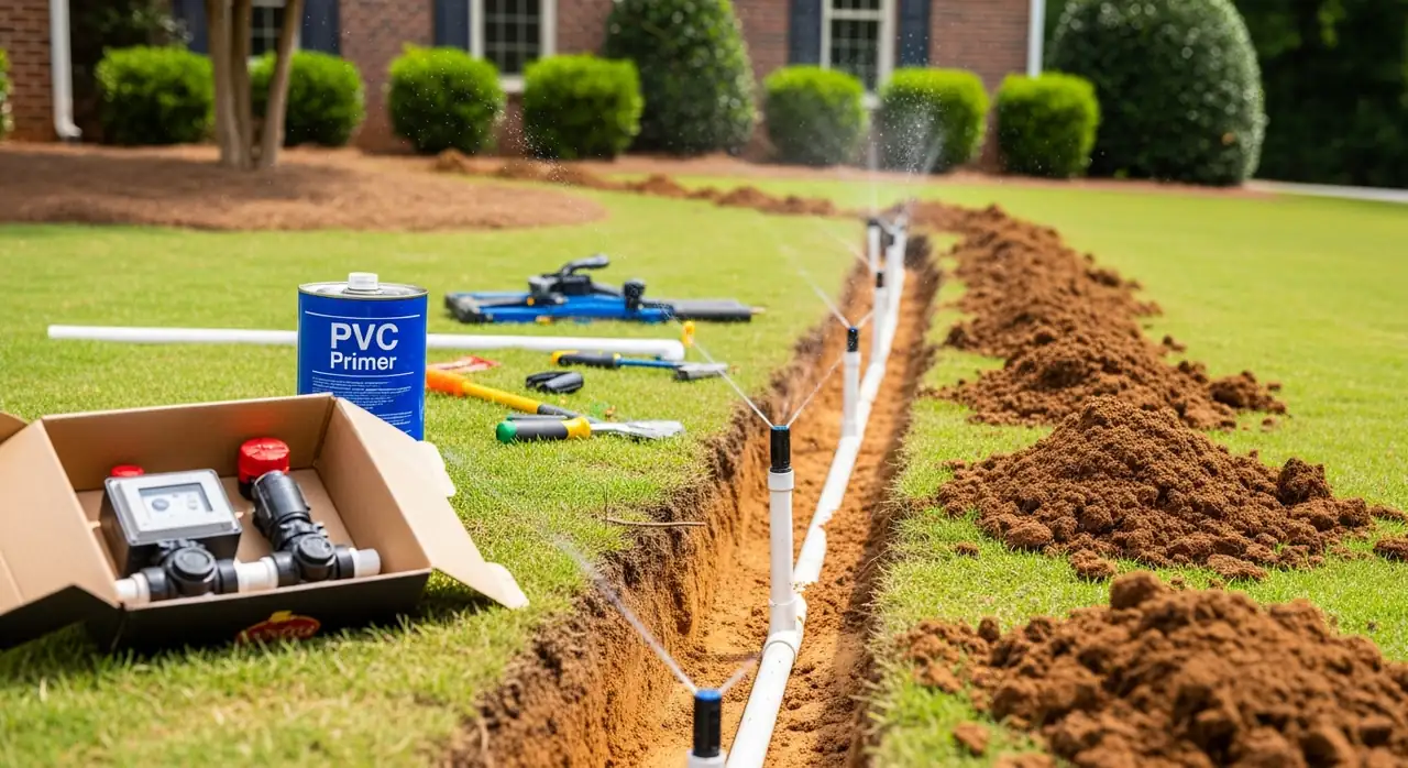 New irrigation system installation in progress with PVC pipe in a trenched lawn in Alpharetta, GA