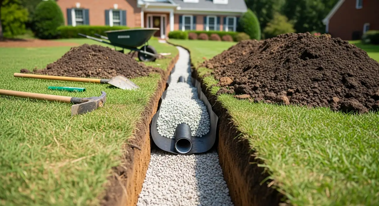 French drain installation with corrugated drain pipe being placed in a gravel-lined trench in Alpharetta, GA