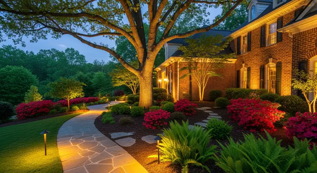 Path lights and uplit oak trees illuminating a brick home at dusk in Alpharetta, GA