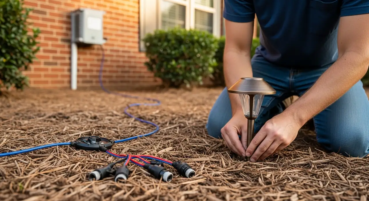 Landscape lighting installer placing a low-voltage path light in a mulched garden bed in Alpharetta, GA