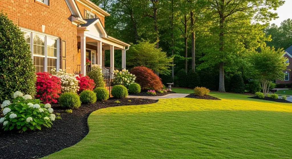 Professionally landscaped front yard with manicured bermuda lawn and azalea beds in Alpharetta, GA