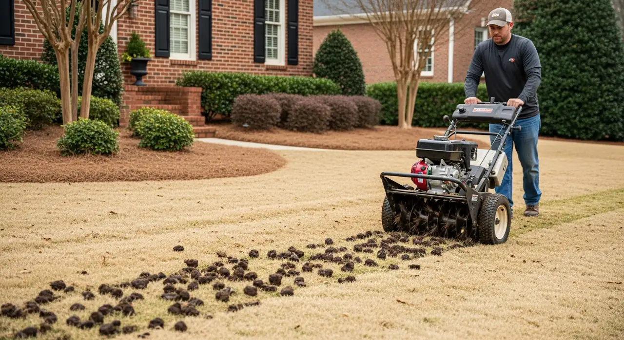 Worker pushing a gas-powered core aerator across a bermuda lawn with fresh soil cores in Alpharetta, GA