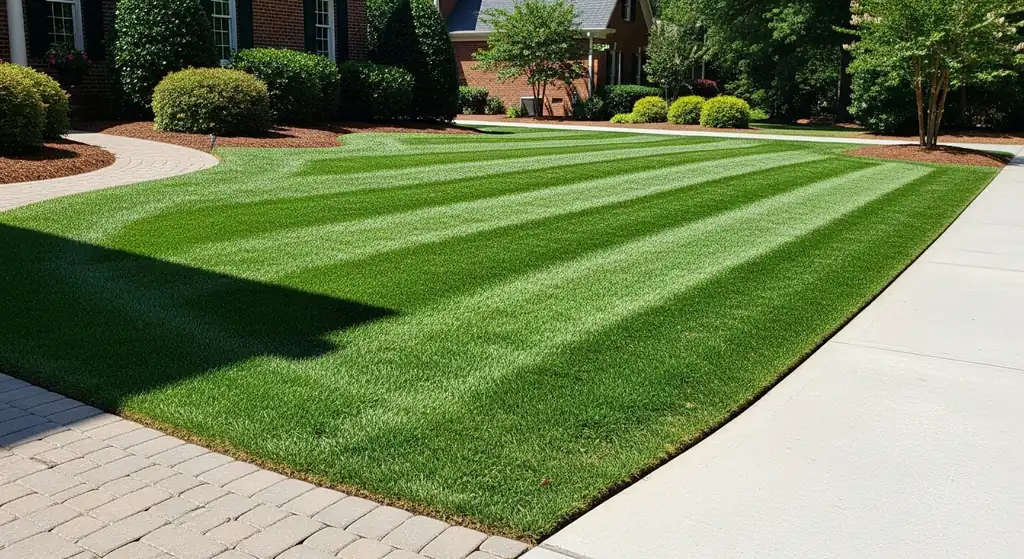 Professionally maintained bermuda lawn with crisp diagonal mowing stripes in Alpharetta, GA