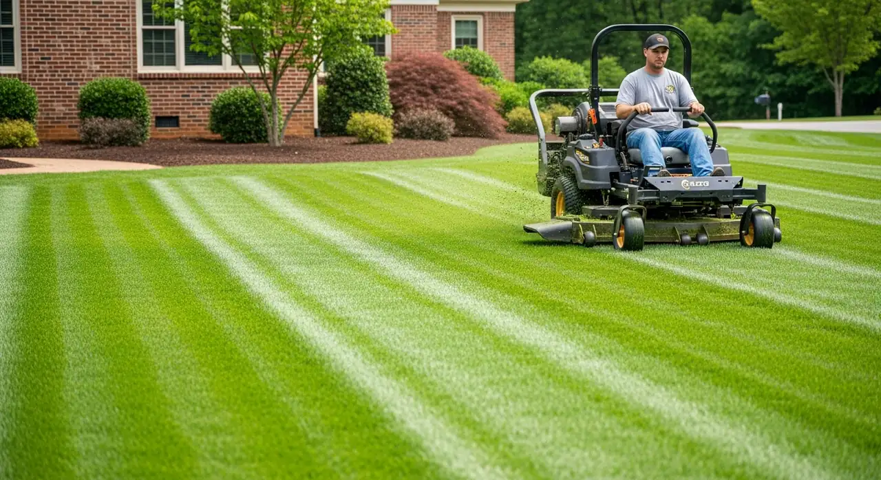 Commercial zero-turn mower cutting crisp diagonal stripes across a bermuda lawn in Alpharetta, GA