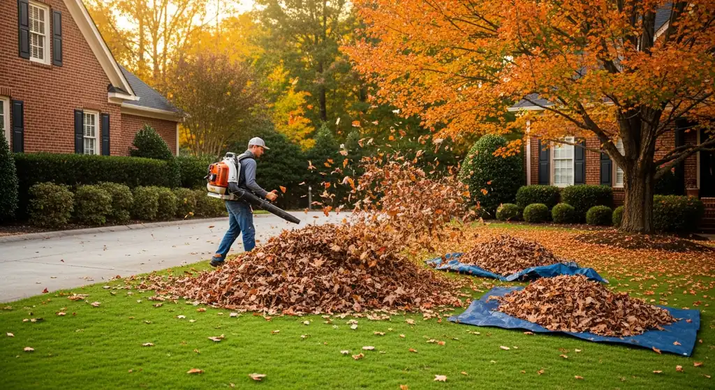 Worker using a backpack leaf blower to clear fallen leaves at a brick home in Alpharetta, GA