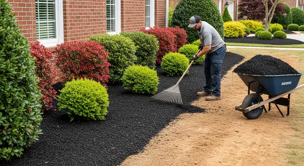 Worker raking fresh dark hardwood mulch level in landscape beds at an Alpharetta, GA home