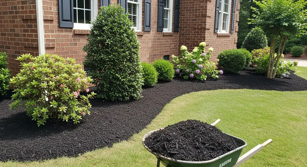 Fresh dark hardwood mulch installed in landscape beds at an Alpharetta, GA home