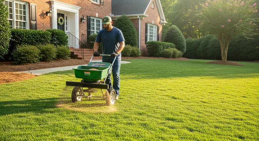 Worker applying granular organic lawn care with a broadcast spreader in Alpharetta, GA