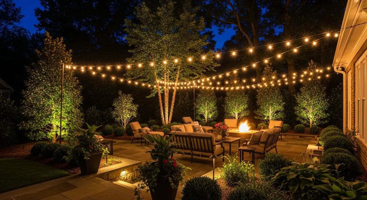 Backyard patio lit with bistro string lights and accent landscape lighting in Alpharetta, GA