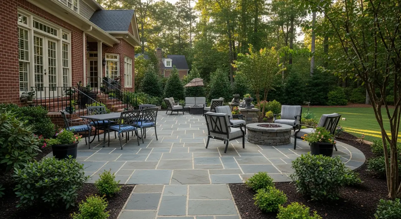 Newly installed flagstone patio with outdoor furniture behind a brick home in Alpharetta, GA