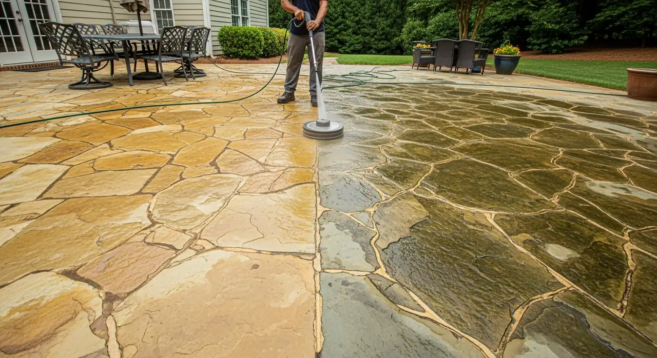 Pressure washing a flagstone patio with a surface cleaner in Alpharetta, GA