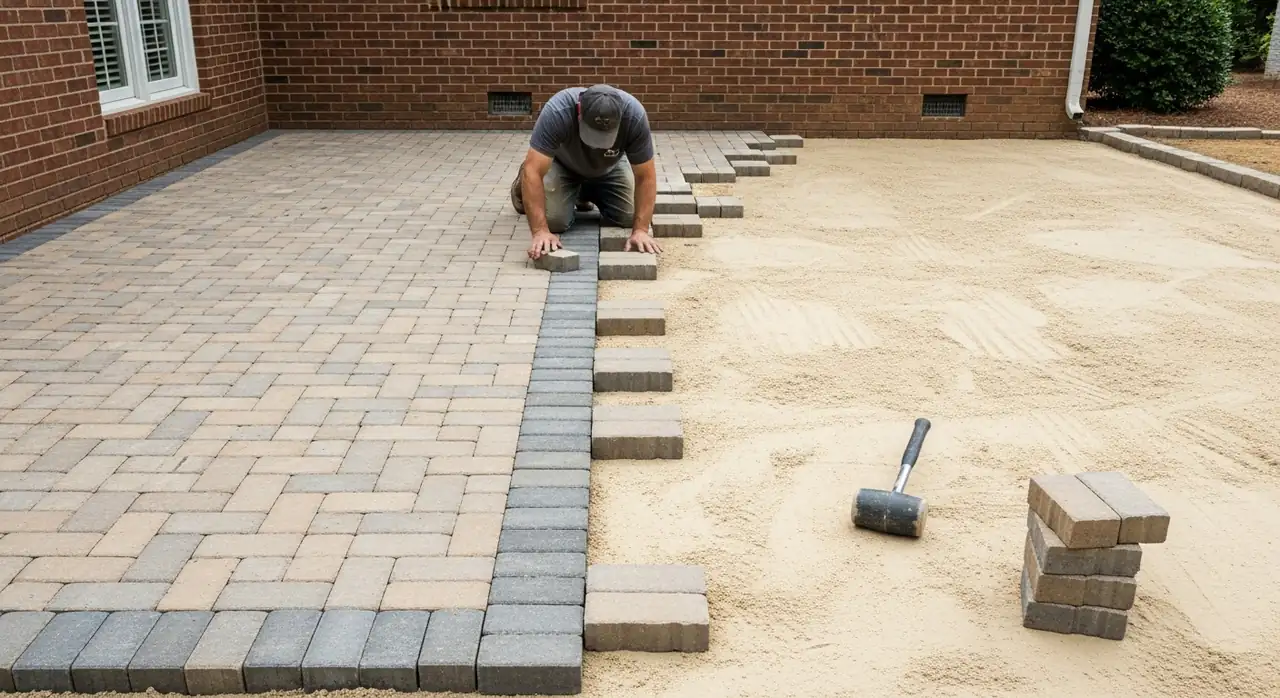 Worker installing a paver patio in a herringbone pattern with edge restraints in Alpharetta, GA