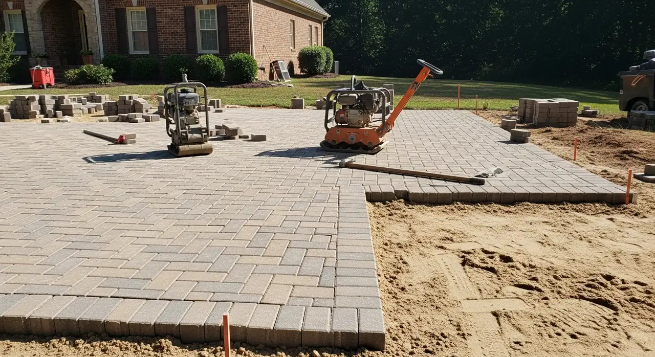 Paver driveway installation in progress with herringbone pattern in Alpharetta, GA