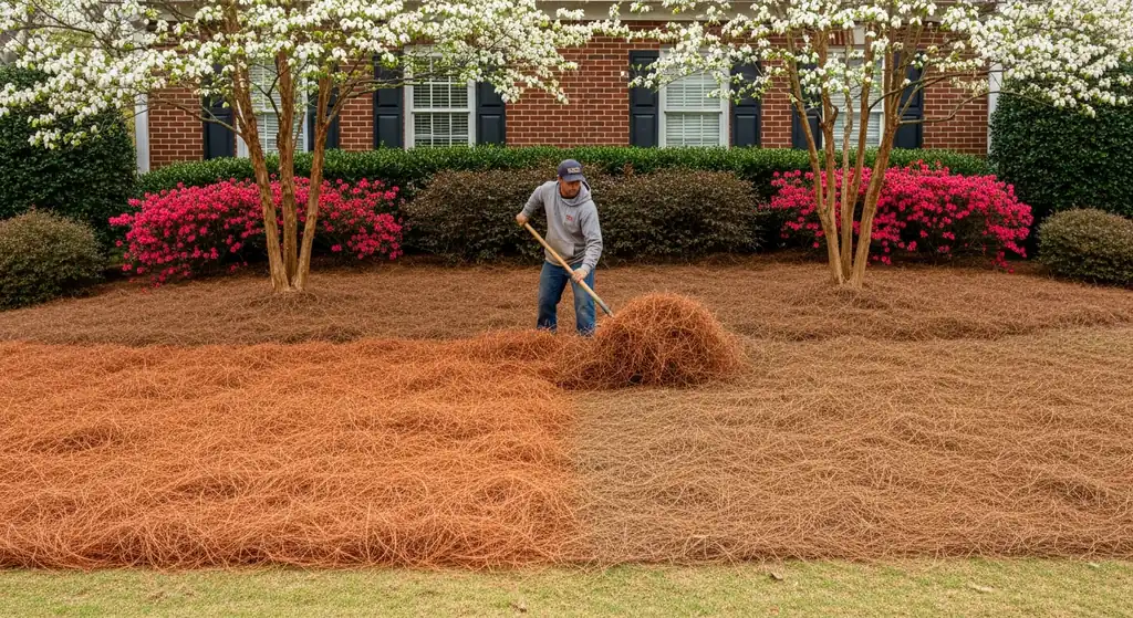 Fresh long-leaf pine straw being spread in landscape beds at an Alpharetta, GA home