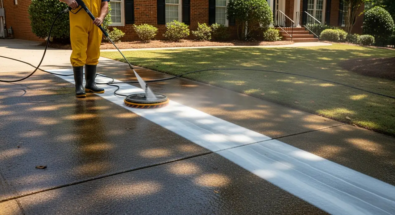 Pressure washing a stained concrete driveway revealing a clean strip in Alpharetta, GA