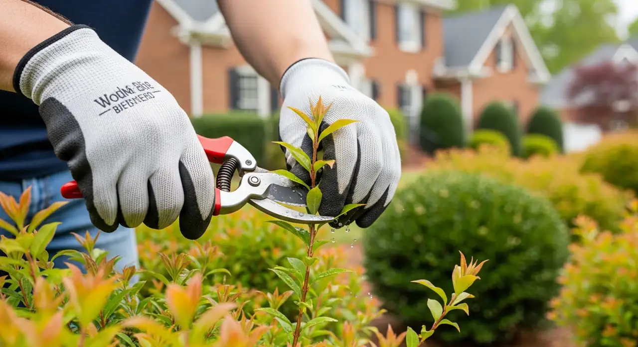 Landscaper hand-pruning a flowering shrub with bypass pruners in Alpharetta, GA