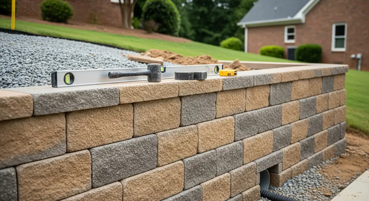 Segmental block retaining wall under construction in a sloped backyard in Alpharetta, GA