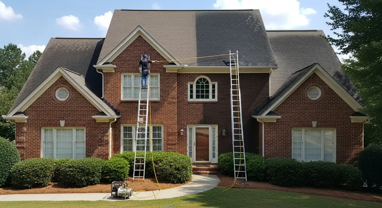 Soft-wash roof cleaning removing algae streaks from asphalt shingles in Alpharetta, GA
