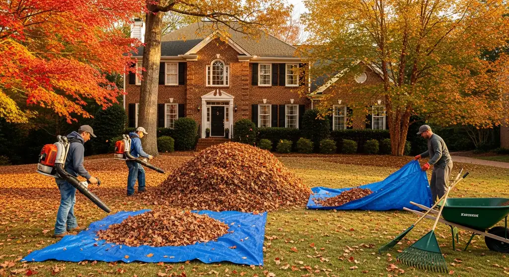 Fall seasonal cleanup with crew gathering fallen leaves at a brick home in Alpharetta, GA