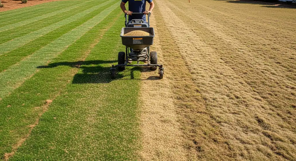 Lawn overseeding in progress with a broadcast spreader applying fescue seed in Alpharetta, GA