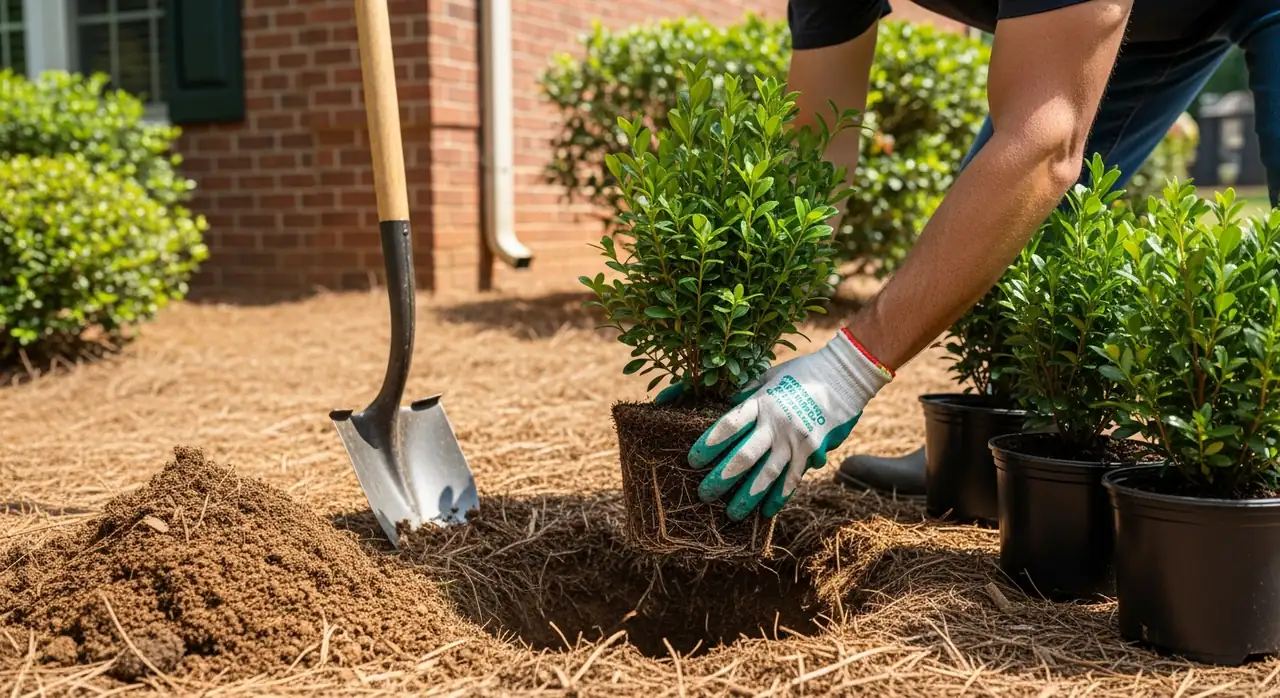 Landscaper planting a healthy potted boxwood in a freshly dug hole in an Alpharetta, GA mulched bed